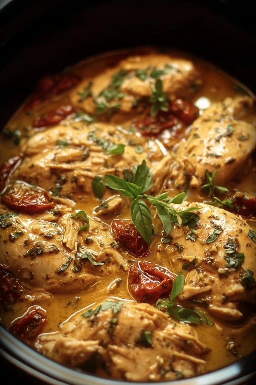 Crockpot Marry Me Chicken with creamy sauce and herbs served on a plate