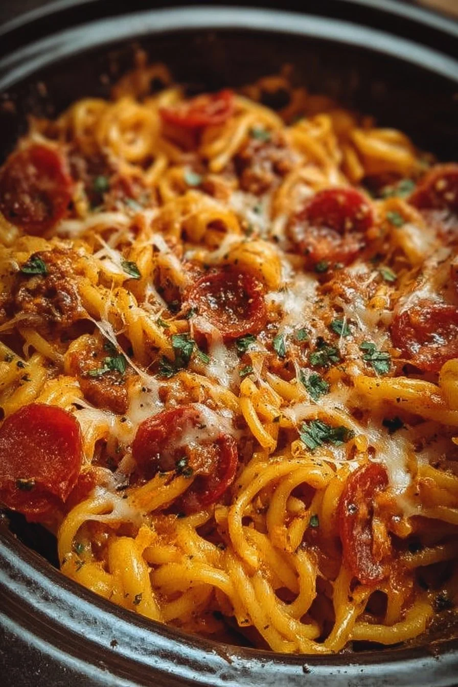 Crockpot Pizza Pasta dish with cheese, pepperoni, and vegetables