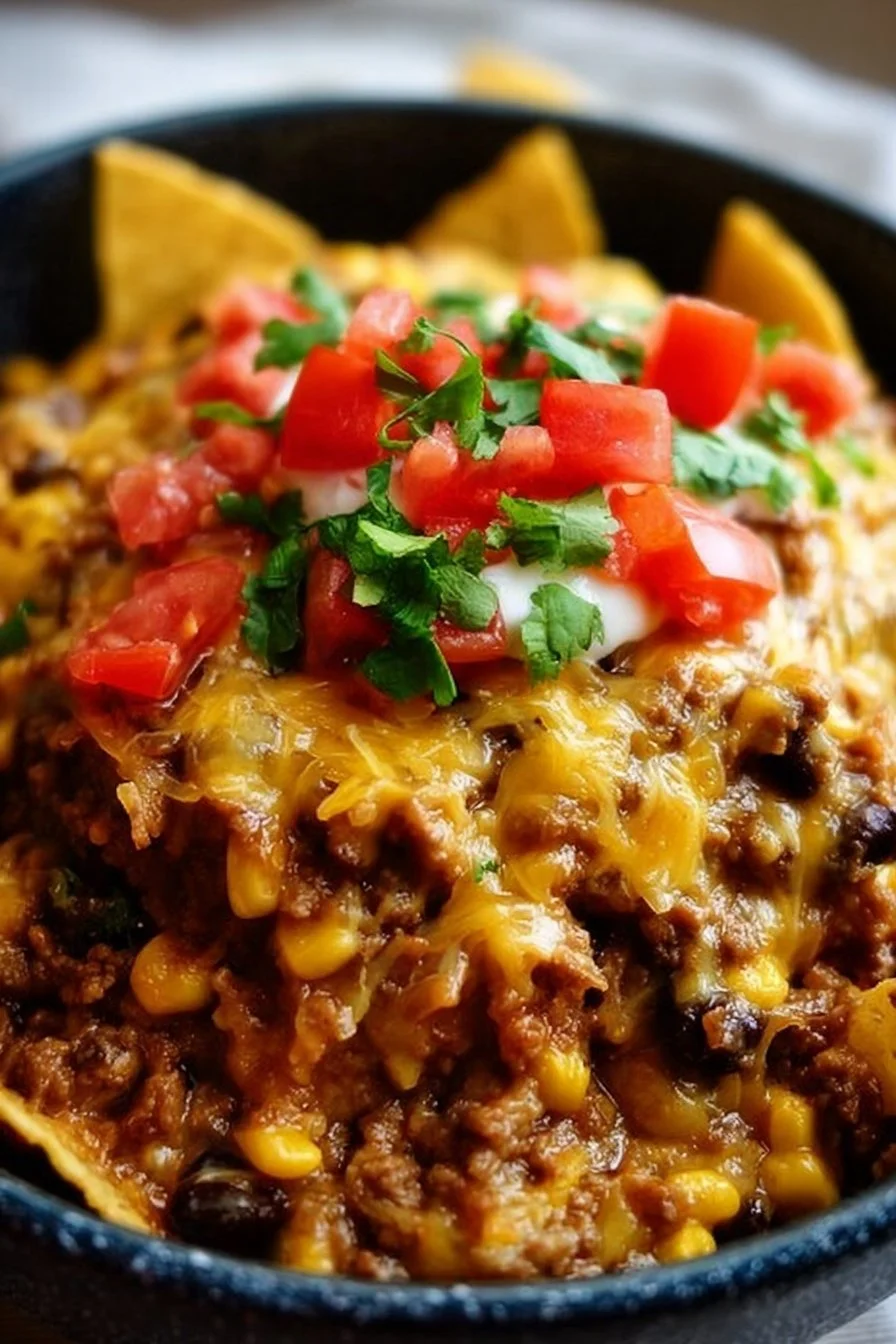 Delicious Crockpot taco casserole served in a bowl with fresh toppings