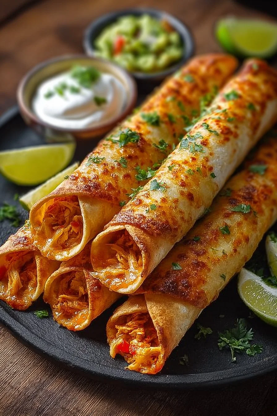 Crunchy Oven-Baked Chicken Taquitos 2 Crunchy oven-baked chicken taquitos served with dipping sauce