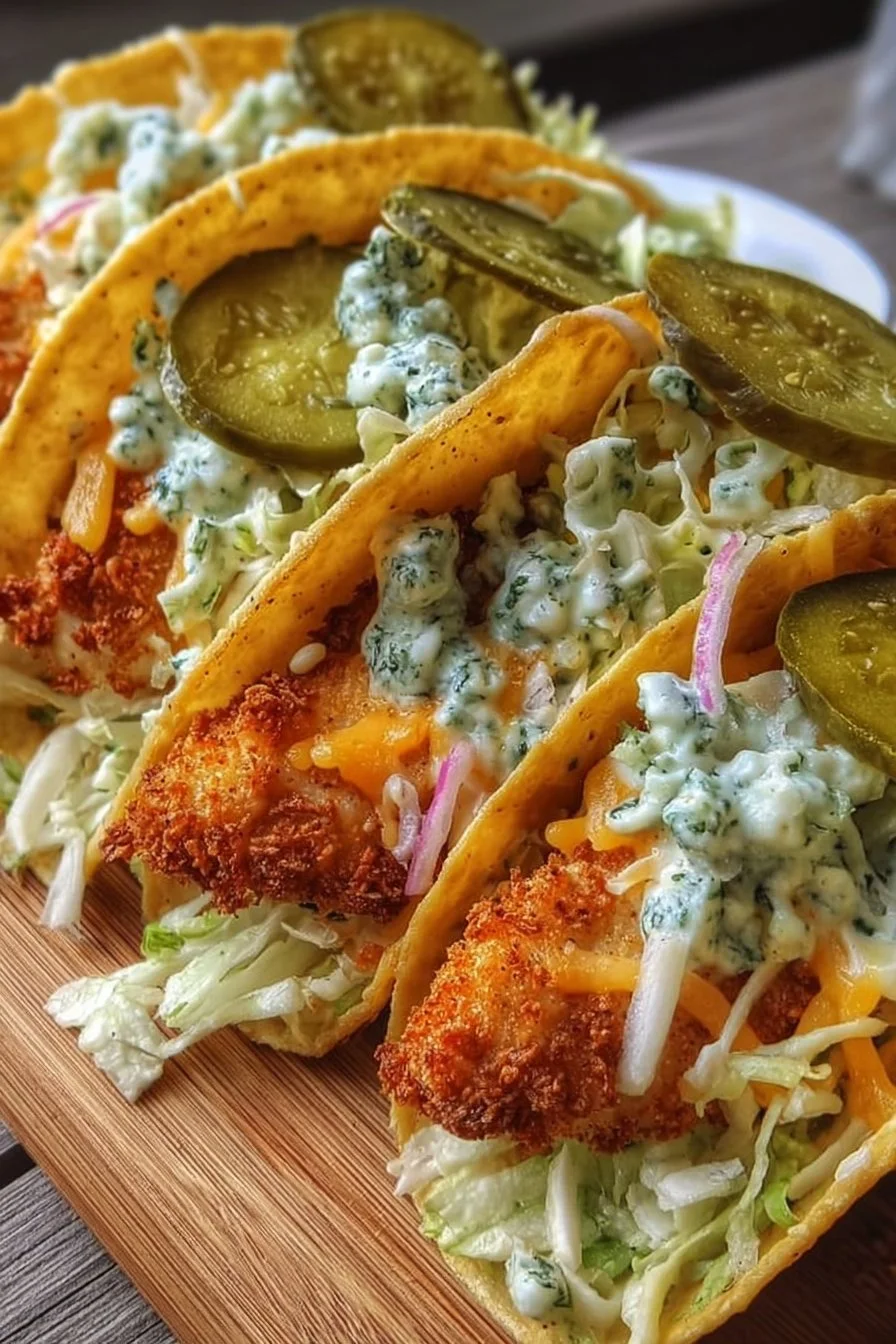 Dill Pickle Ranch Smash Chicken Tacos with Crispy Cheese Delight 5 Dill Pickle Ranch Smash Chicken Tacos with crispy cheese topping