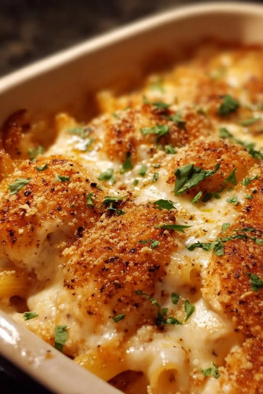 Dump-and-Bake Chicken Parmesan Casserole ready to serve