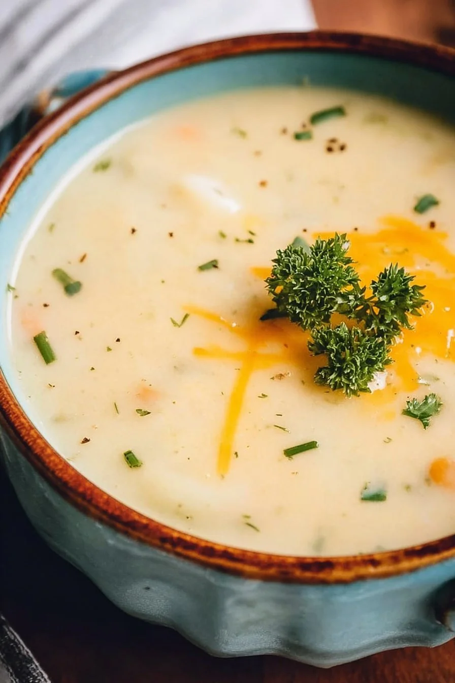 Bowl of easy potato soup garnished with fresh herbs