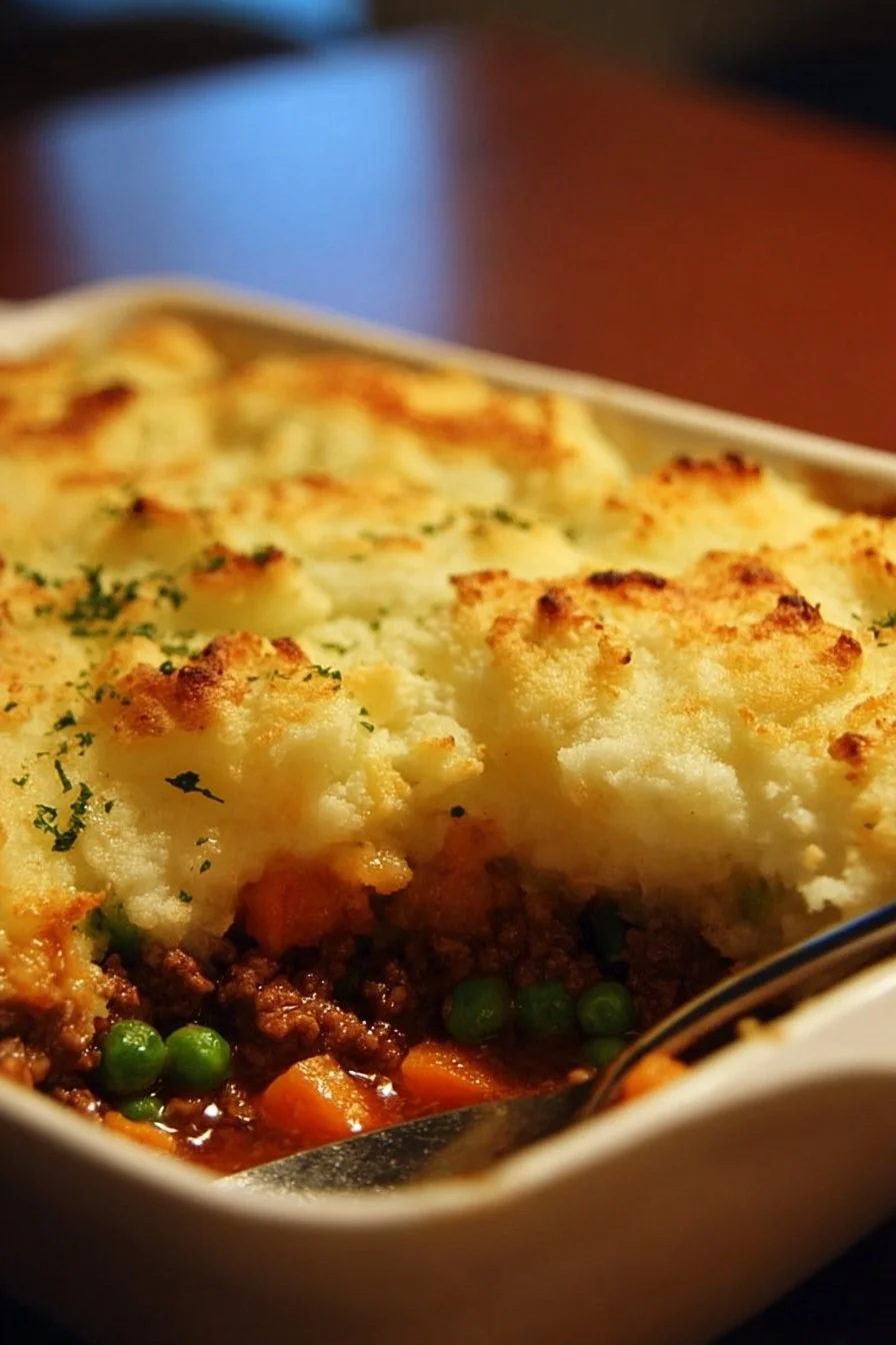 Delicious Easy Shepherd's Pie Casserole served in a dish with a golden crust.