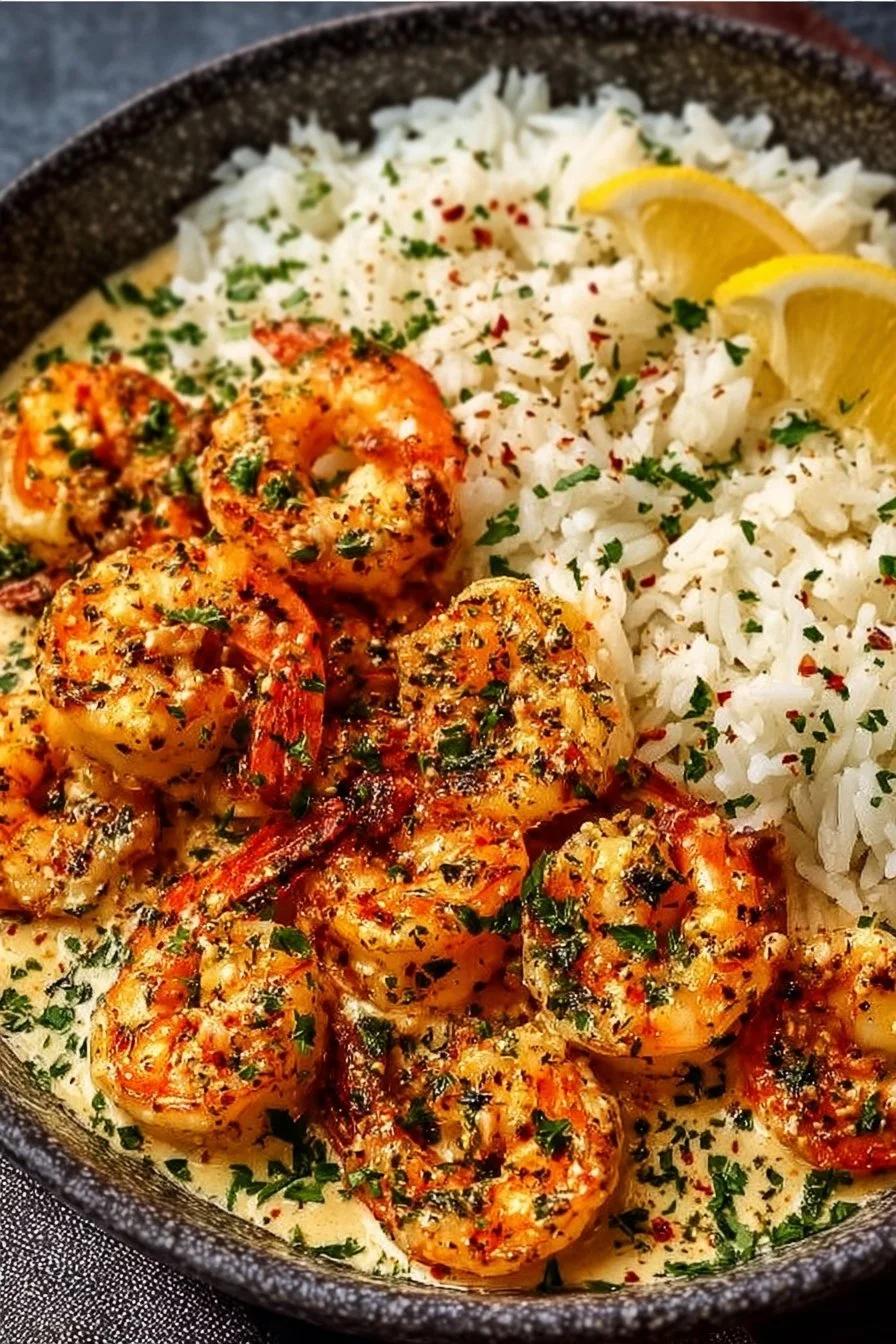 Creamy garlic butter shrimp served over rice with herbs