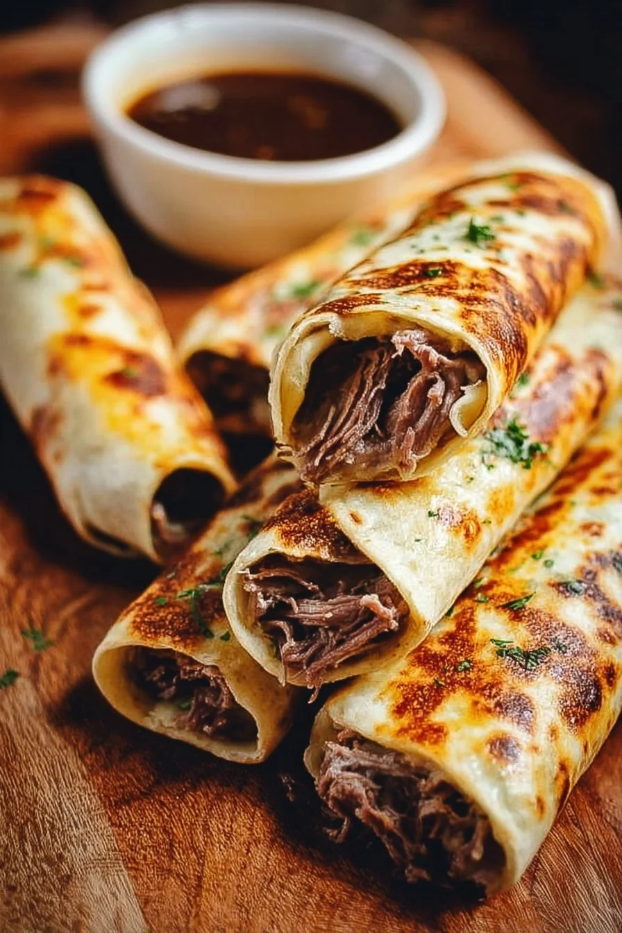 French Dip Tortilla Roll Ups on a platter with dipping sauce
