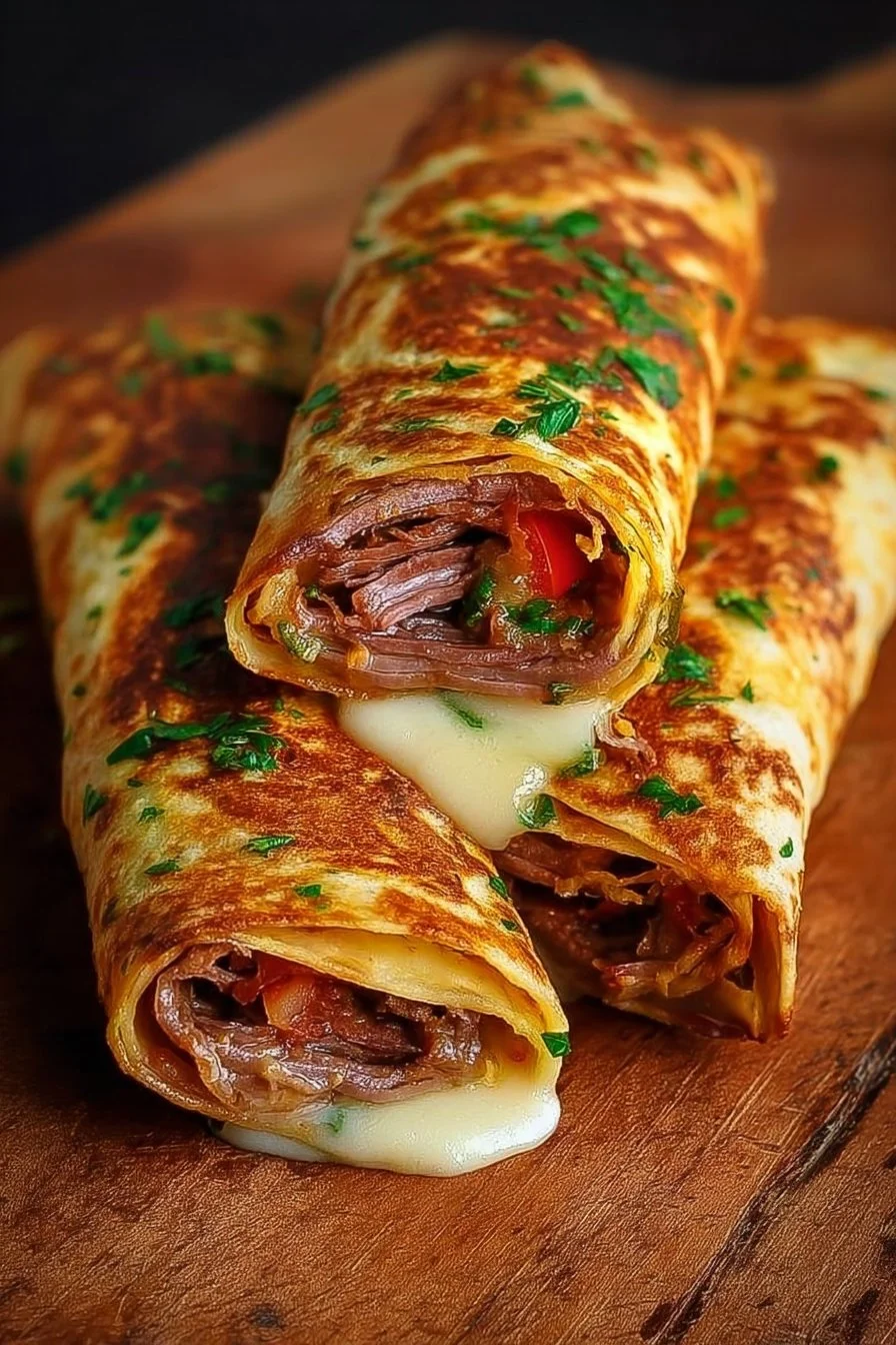 French Dip Tortilla Roll Ups 5 French Dip Tortilla Roll Ups served on a platter with dipping sauce.