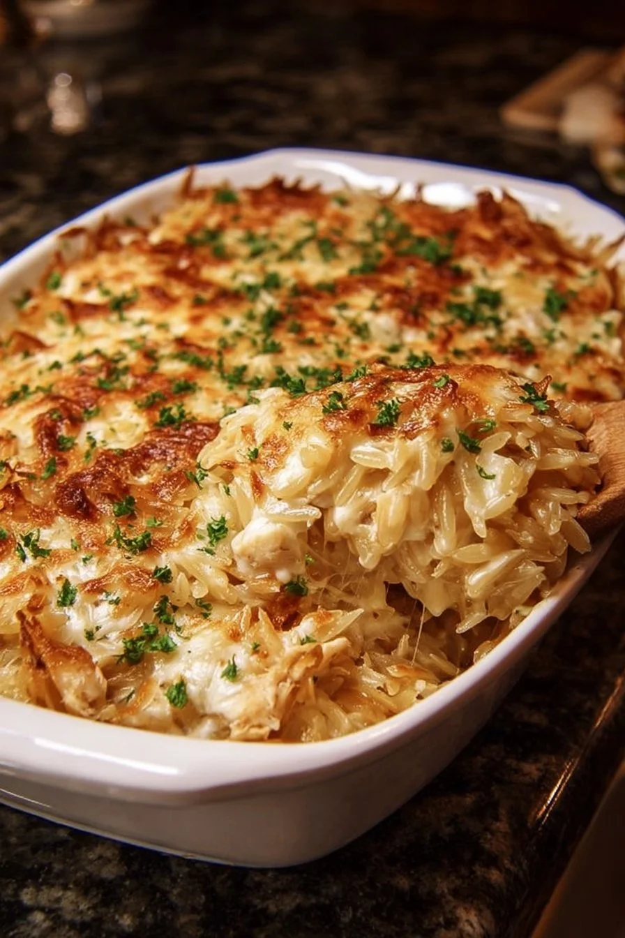 French Onion Chicken Orzo Casserole 2 French Onion Chicken Orzo Casserole topped with cheese and herbs, served in a dish.