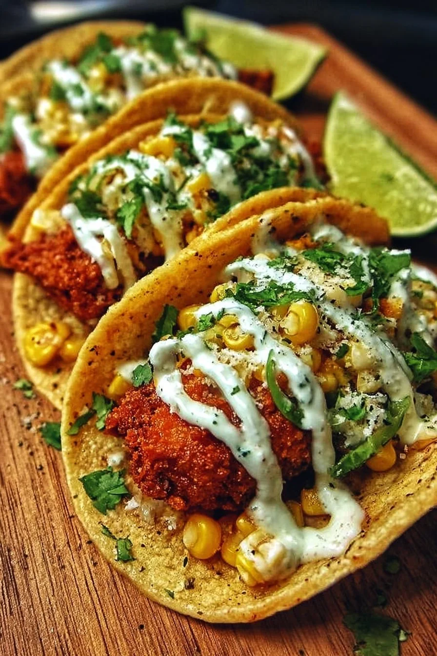 Fried chicken street corn tacos topped with jalapeño lime ranch dressing.