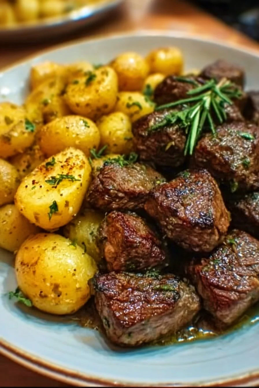 Garlic Butter Beef Bites with Potatoes 2 Plate of Garlic Butter Beef Bites with Potatoes, garnished and ready to serve.