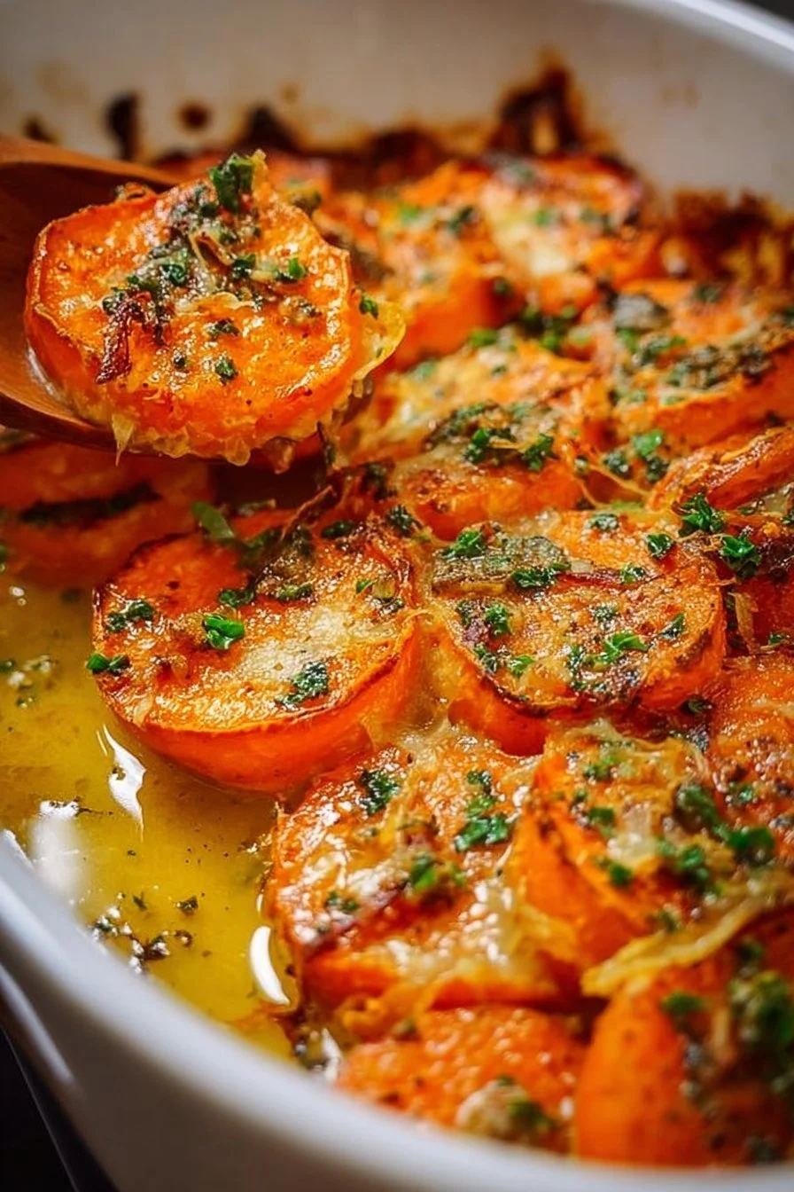 Garlic-Buttered Sweet Potato Bake dish served warm and seasoned with herbs.