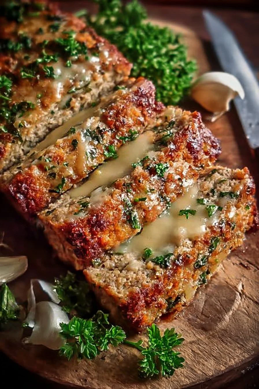 Garlic Parmesan Chicken Meatloaf 5 Garlic Parmesan Chicken Meatloaf served with fresh herbs and garnished with cheese