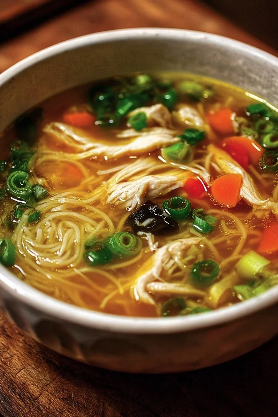 Bowl of Ginger Garlic Chicken Noodle Soup with fresh herbs and noodles