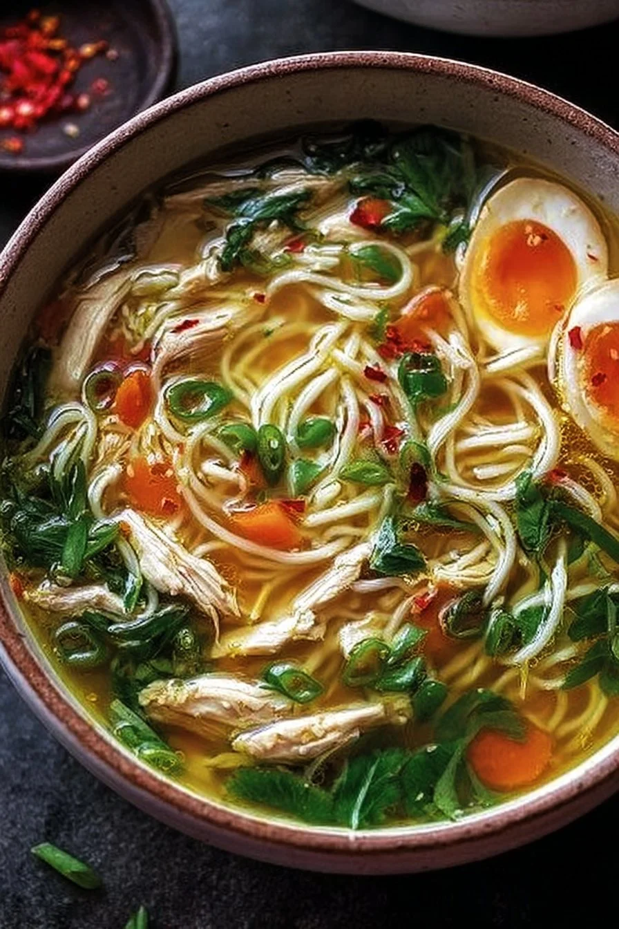 Bowl of flavorful Ginger Garlic Chicken Noodle Soup with fresh herbs and chicken pieces.