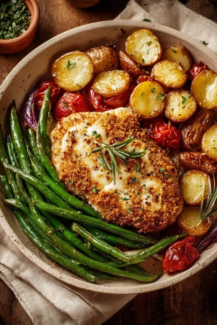 Healthy Chicken Parmesan served with colorful roasted vegetables