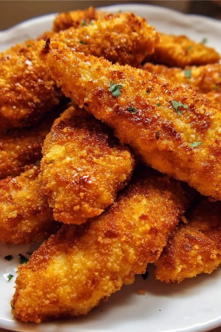 Homemade Baked Chicken Tenders 2 Plate of homemade baked chicken tenders with dipping sauce.