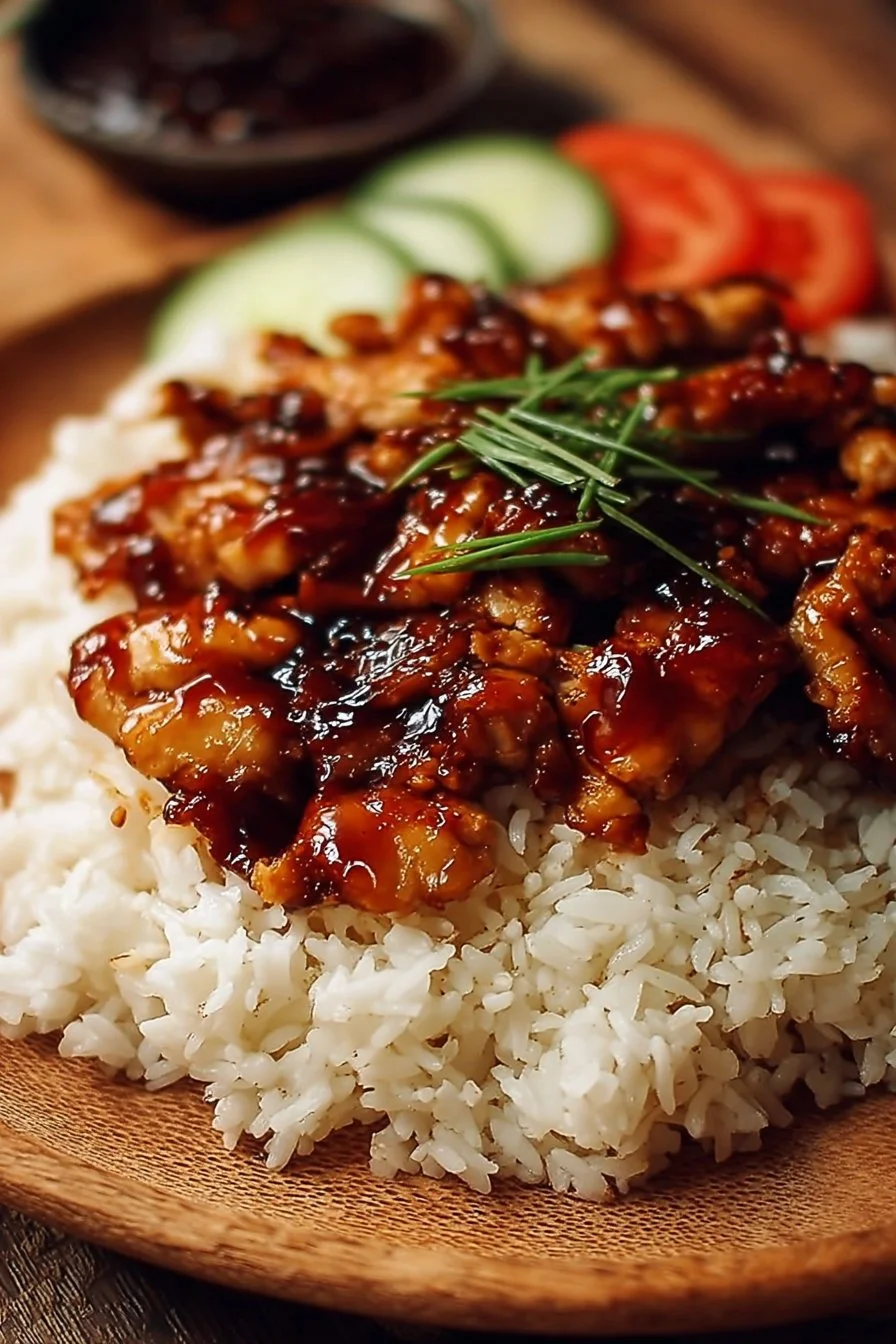 Delicious honey BBQ chicken served over fluffy rice
