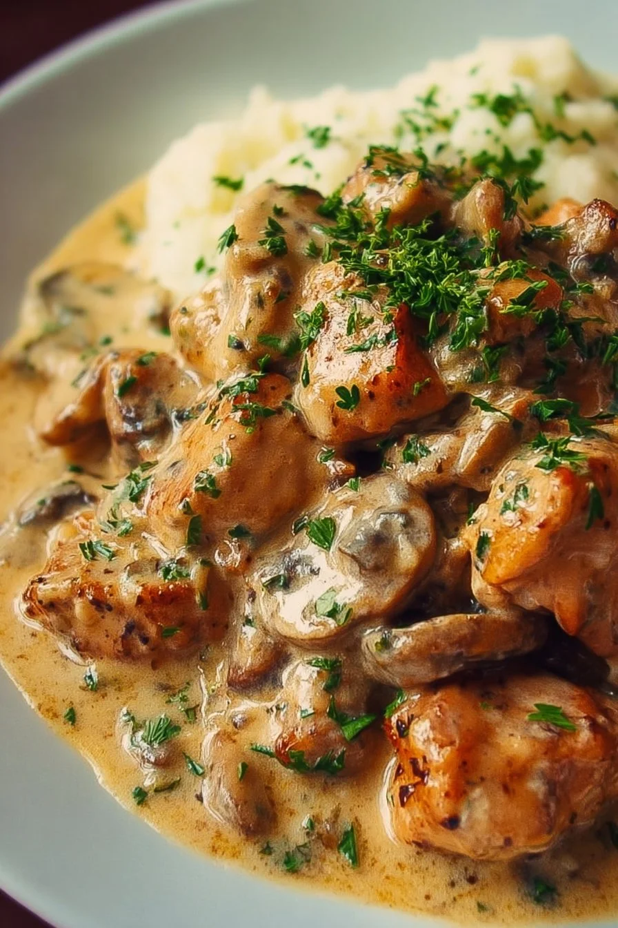 Delicious and creamy chicken stroganoff served with egg noodles