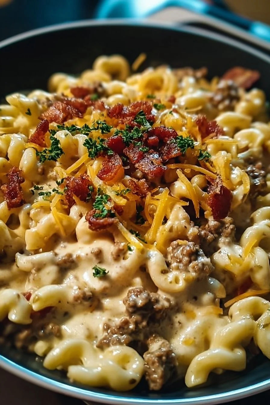 Loaded Bacon Cheeseburger Alfredo Pasta for Cozy Nights 2 Creamy Loaded Bacon Cheeseburger Alfredo Pasta topped with crispy bacon