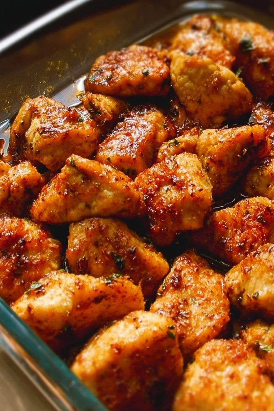 Oven-baked chicken bites served on a plate with dipping sauce