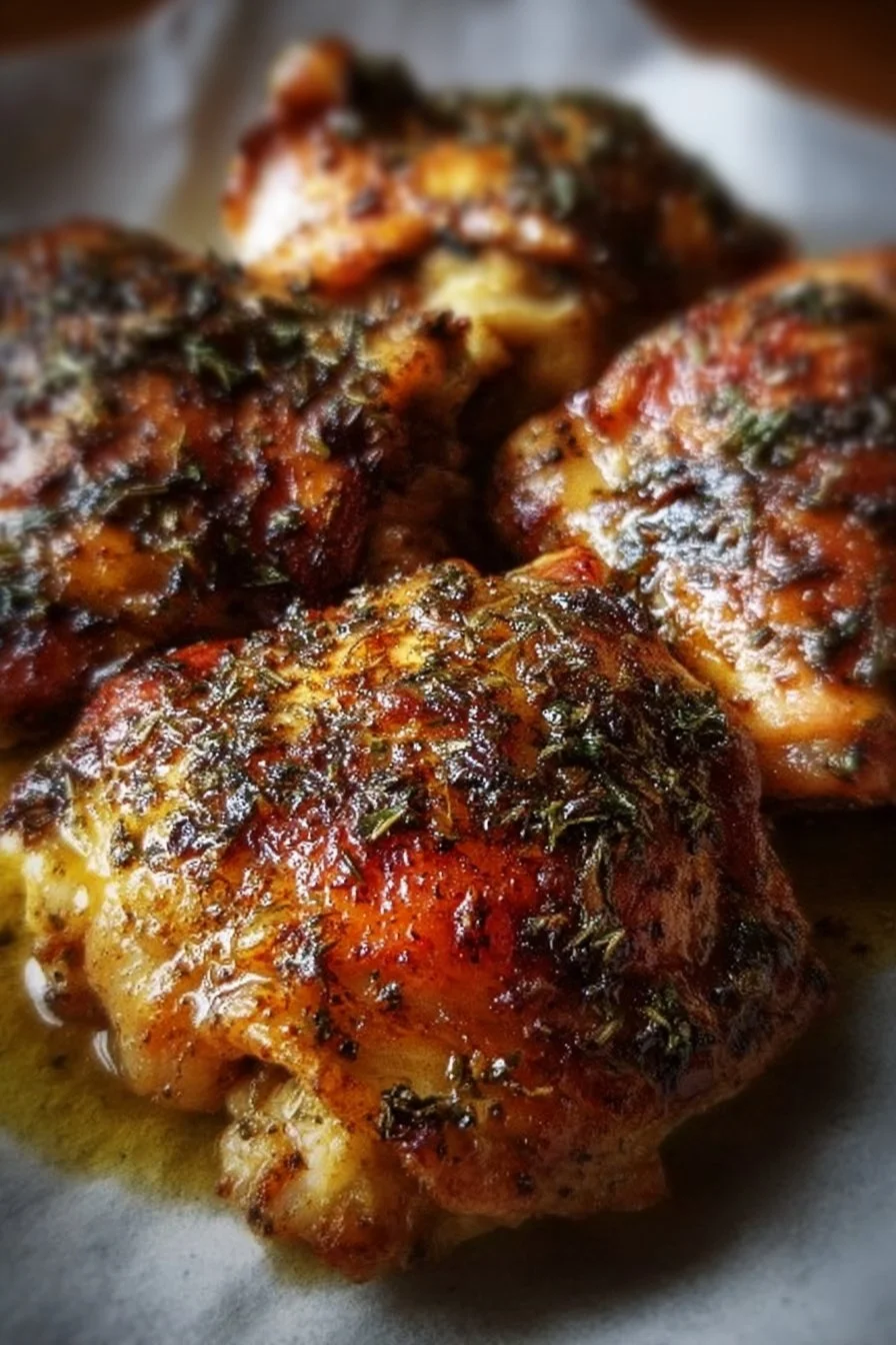 Delicious oven baked chicken thighs served on a plate with herbs.