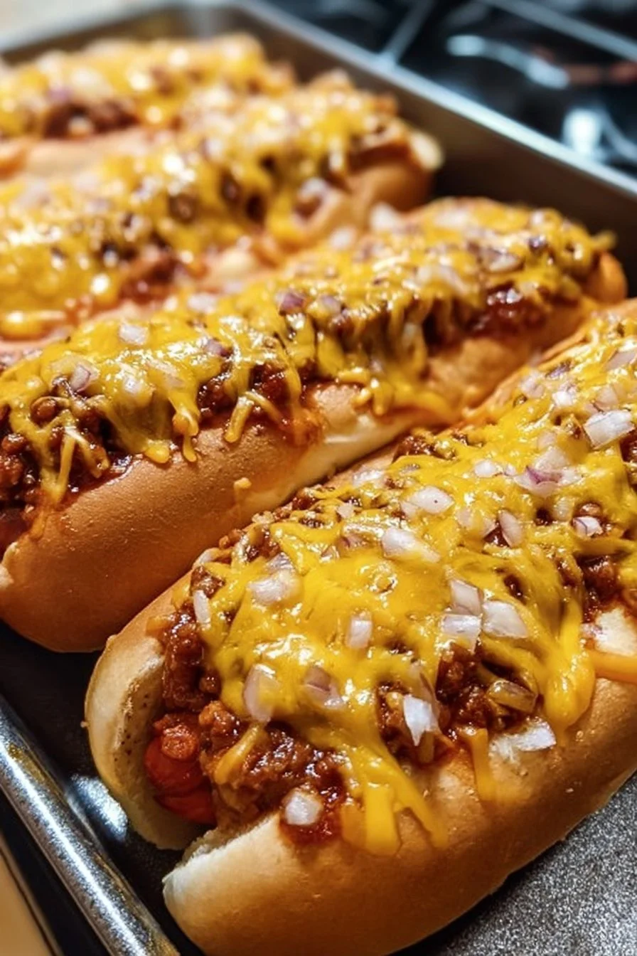 Oven-baked chili cheese dogs topped with melted cheese and chili sauce