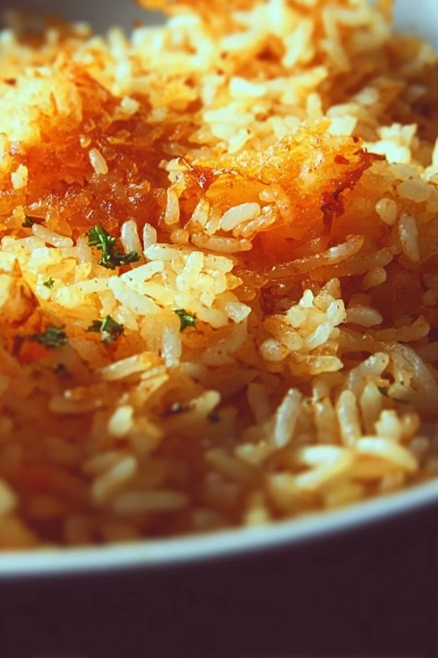 Delicious oven baked rice served in a bowl, garnished with herbs.