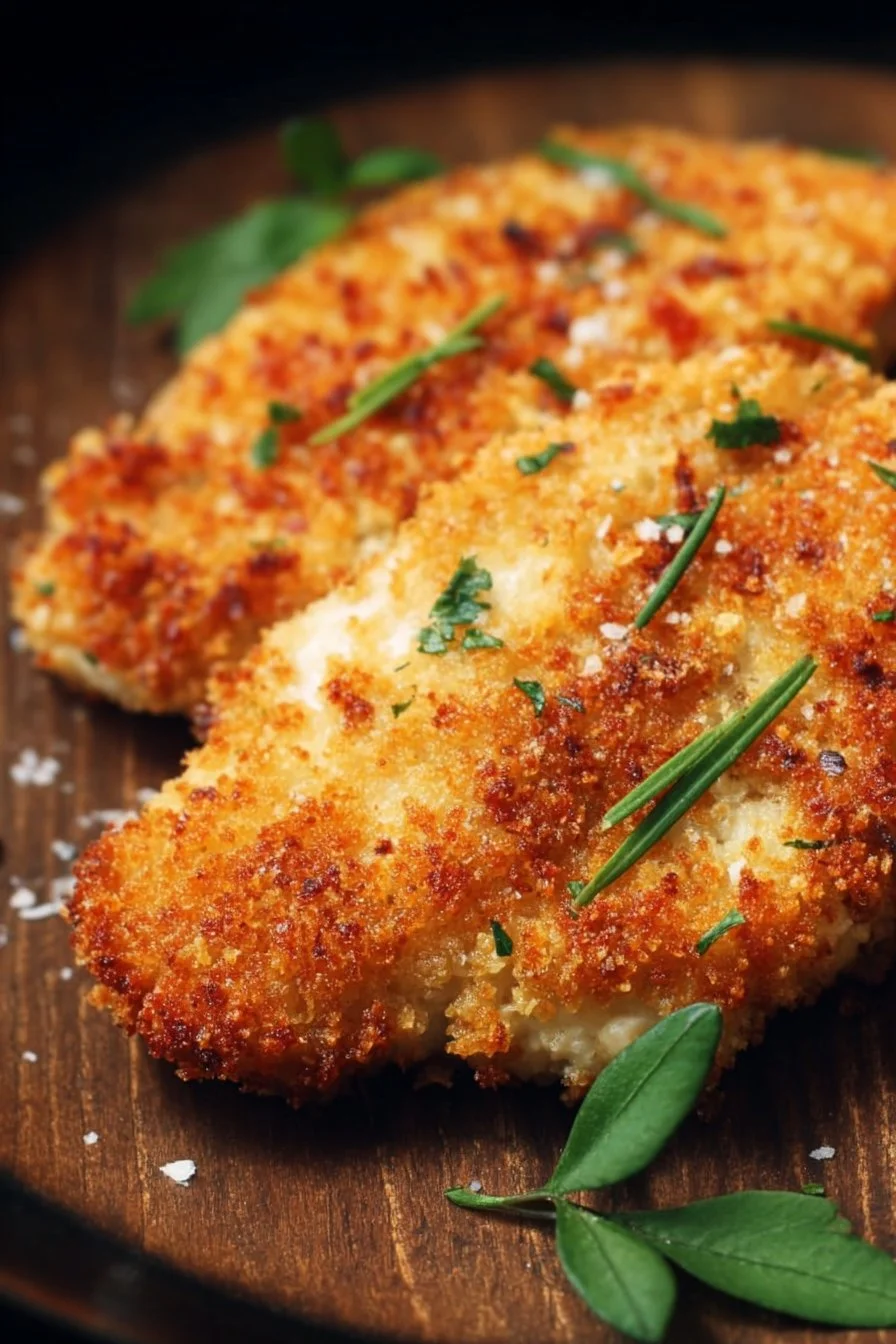 Golden brown Parmesan Crusted Chicken garnished and ready to serve