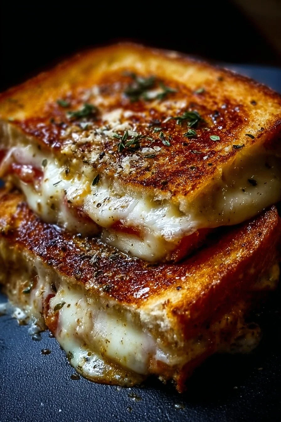 Pizza Grilled Cheese 5 Delicious Pizza Grilled Cheese sandwich with gooey cheese and pepperoni slices.