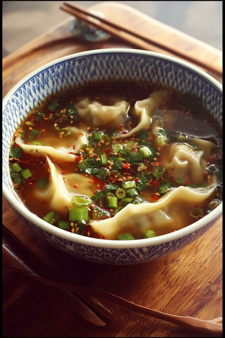 Bowl of flavorful potsticker soup with dumplings and fresh vegetables