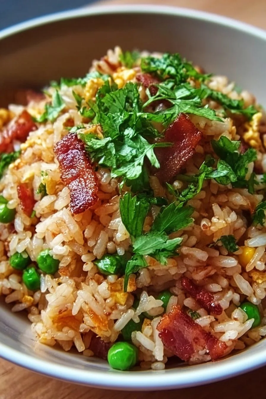 Plate of quick and flavorful bacon fried rice with vegetables.