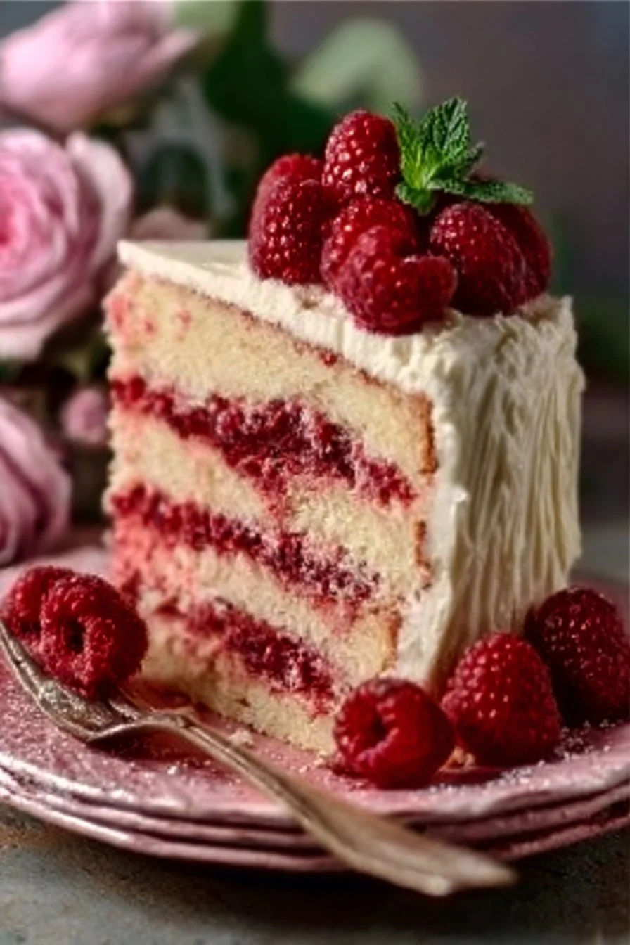 Delicious Raspberry Vanilla Layer Cake with Swiss Meringue Buttercream topping.