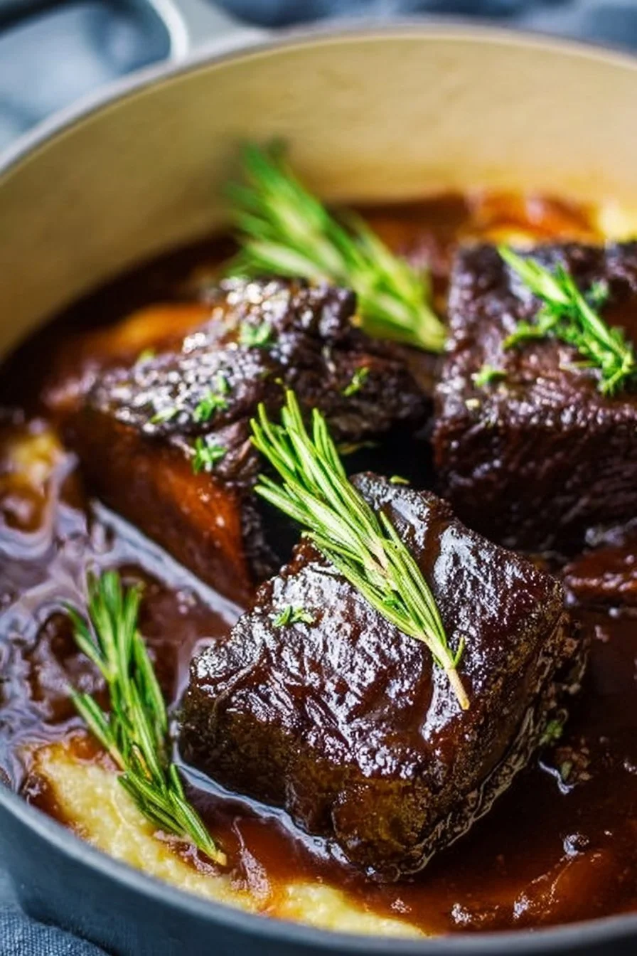 Red Wine Braised Short Ribs in Dutch Oven 2 Red wine braised short ribs in a Dutch oven, garnished and ready to serve.