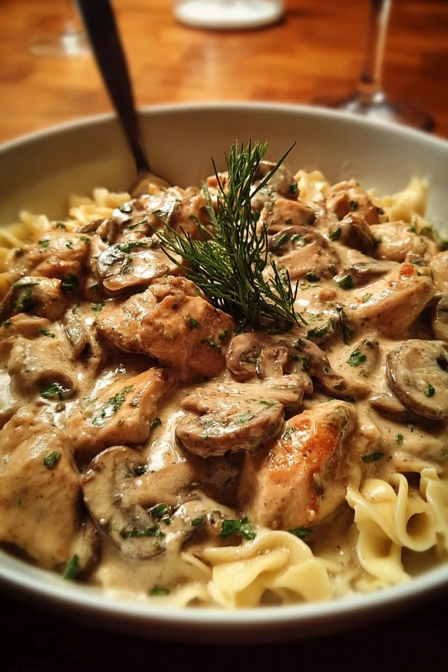 A serving of rich Chicken Stroganoff with noodles and fresh herbs.