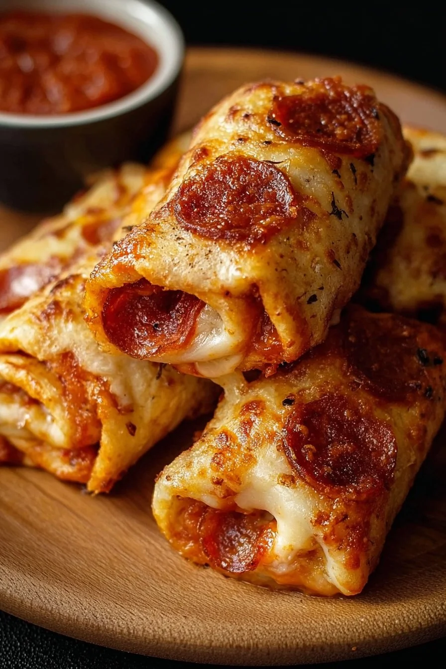 Savory cheesy pepperoni pizza roll ups served on a platter for quick snacks