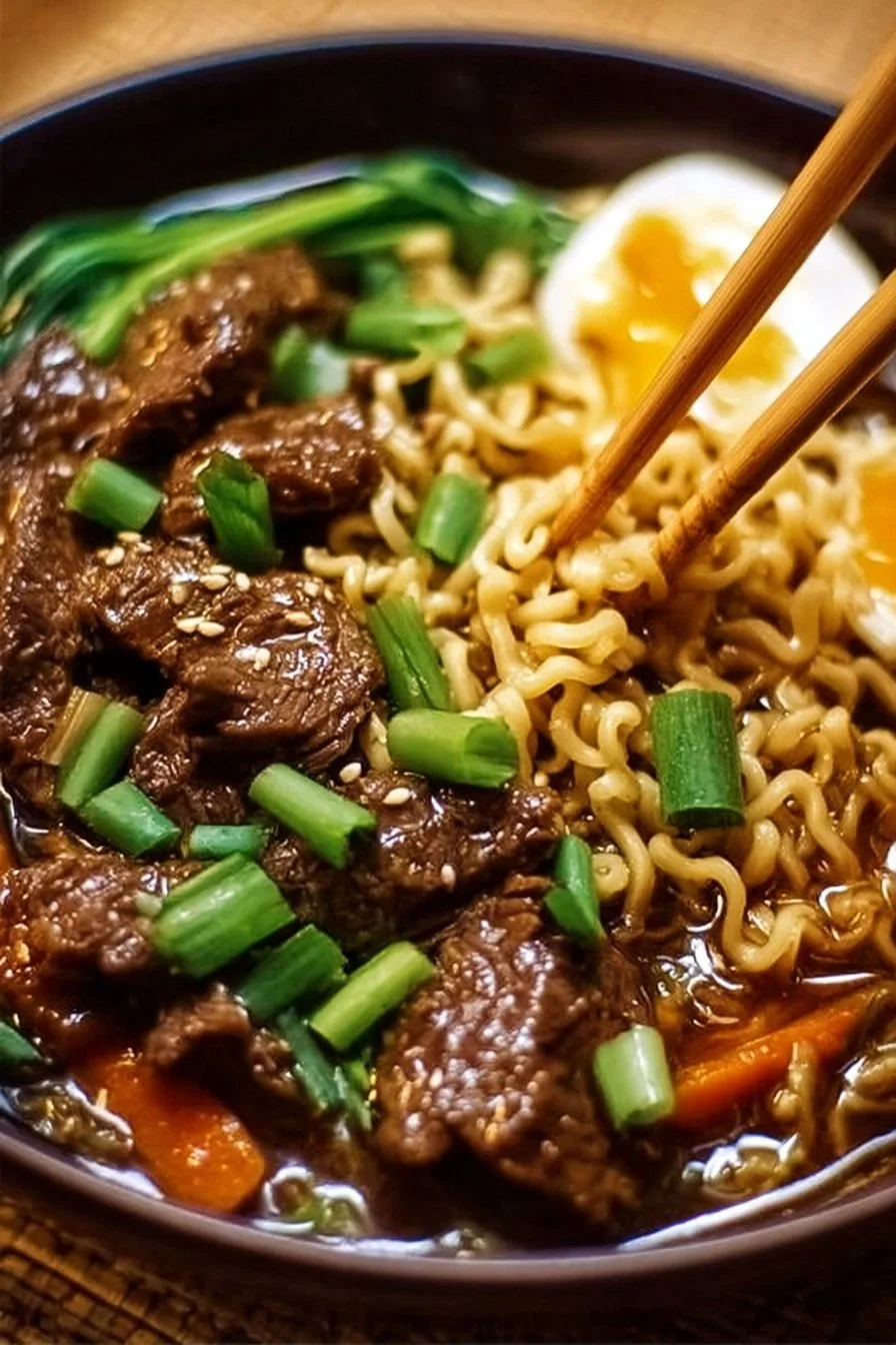 Delicious slow cooker beef ramen noodles in a bowl garnished with green onions