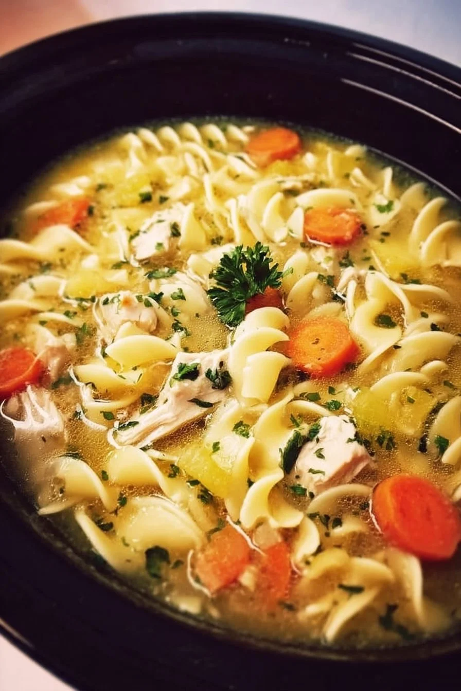 Bowl of slow cooker chicken noodle soup with vegetables and noodles