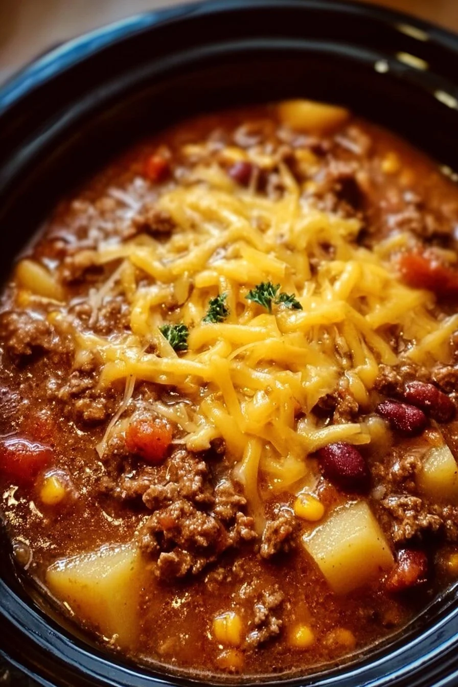 Hearty Slow Cooker Cowboy Casserole loaded with beef, beans, and corn