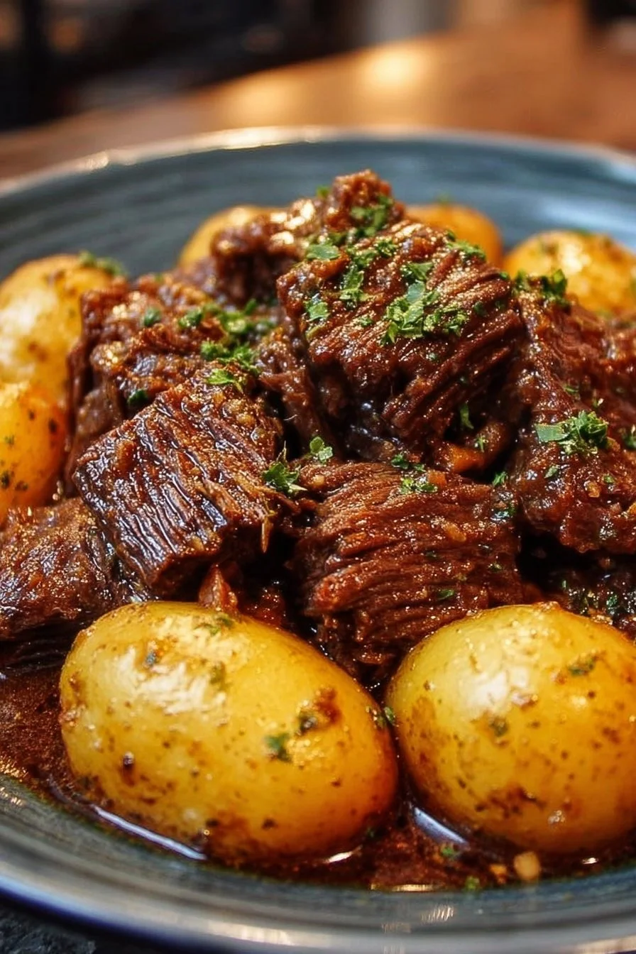 Slow Cooker Garlic Butter Beef with Potatoes dish served in a bowl