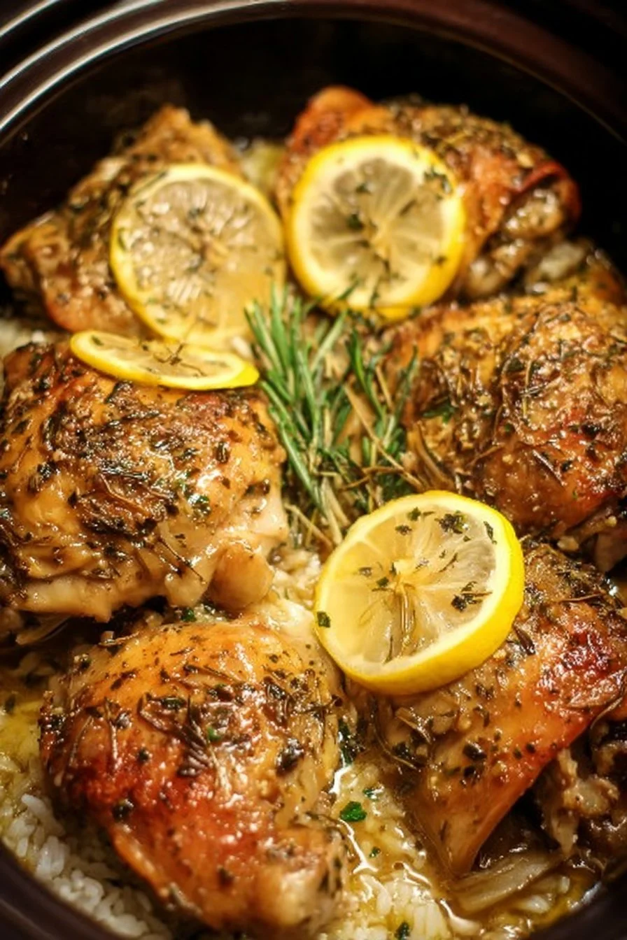 Slow Cooker Lemon Herb Chicken garnished with fresh herbs and lemon slices