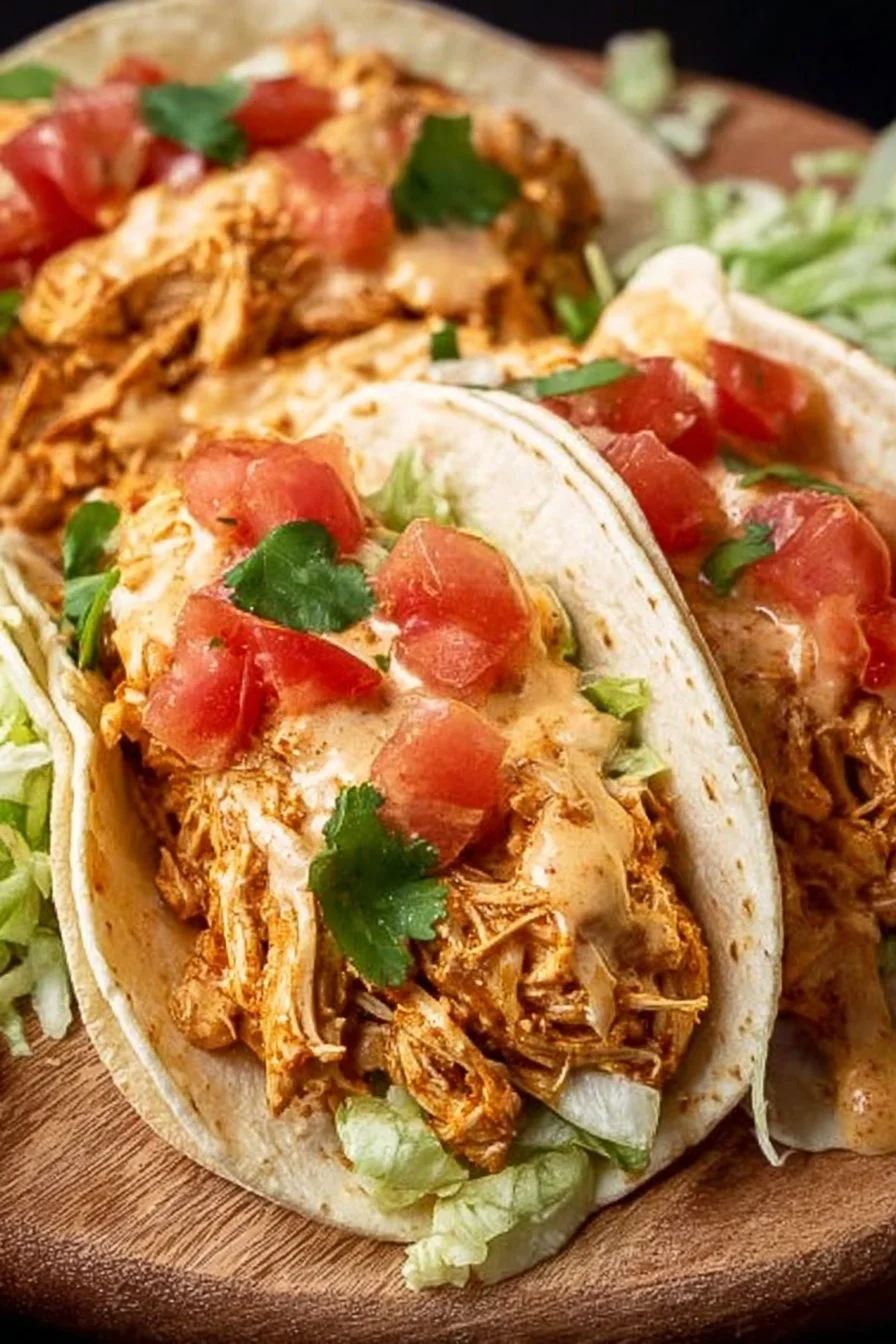 Slow Cooker Queso Chicken Tacos served on a plate with toppings.