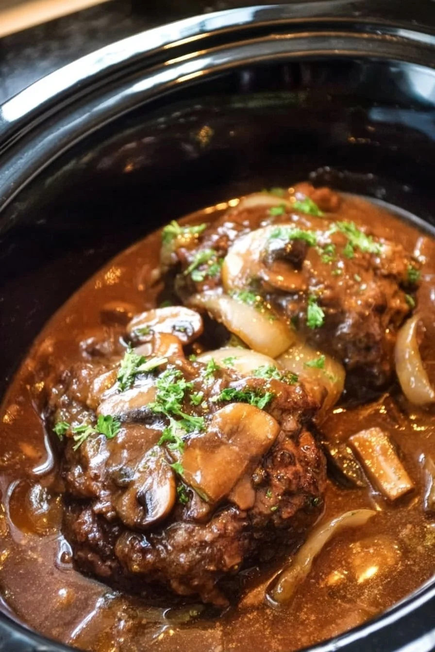 Delicious Slow Cooker Salisbury Steak with gravy served on a plate