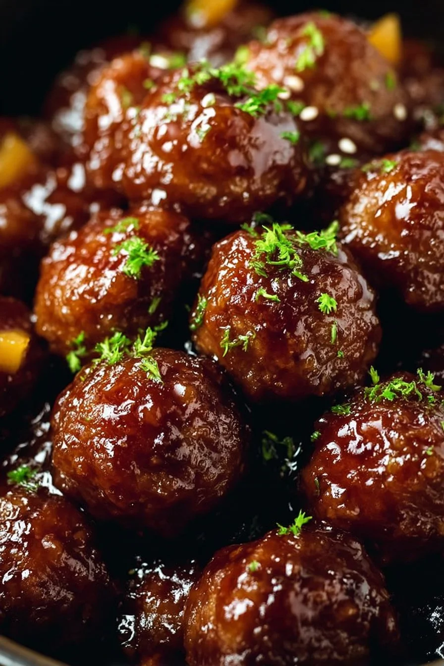 Delicious slow cooker teriyaki meatballs served with rice and vegetables