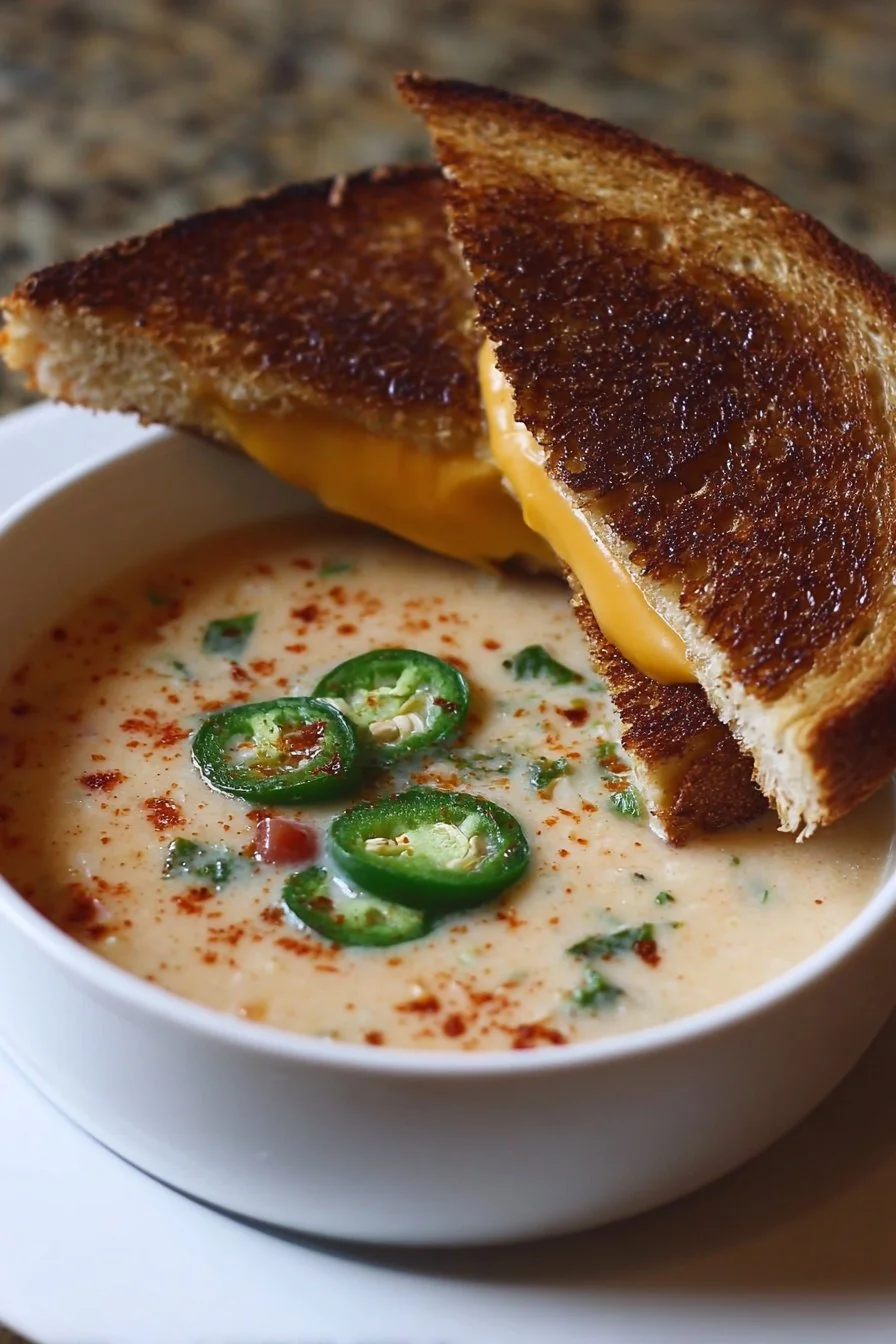 Spicy Jalapeño Popper Soup with Grilled Cheese Dippers