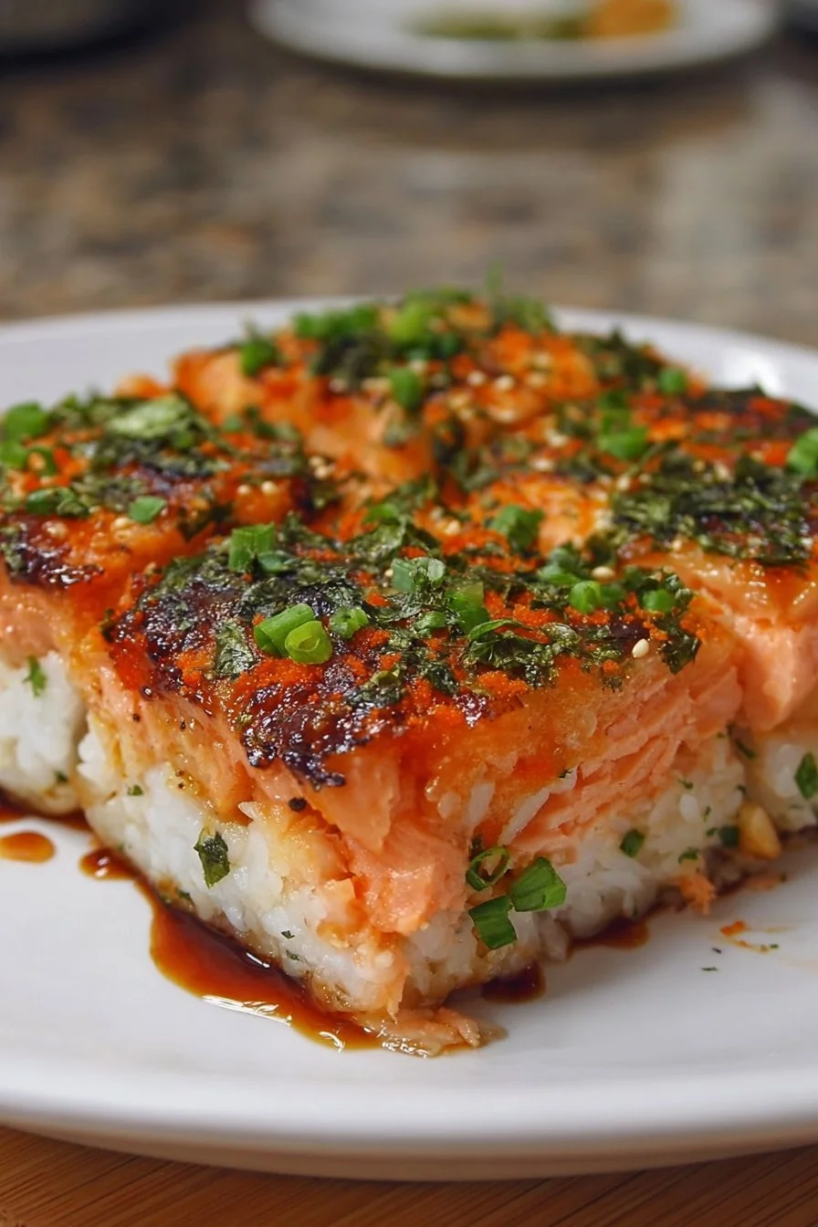 Delicious Spicy Salmon Sushi Bake with cream and rice topped with salmon