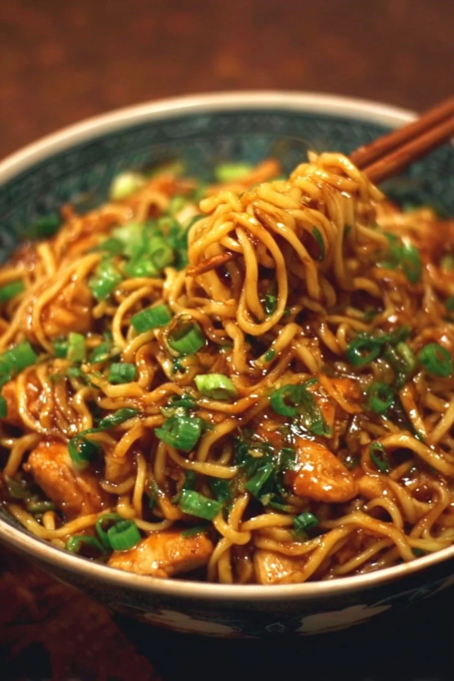 Sticky Garlic Chicken Noodles Recipe 2 Sticky Garlic Chicken Noodles dish served in a bowl with colorful vegetables.