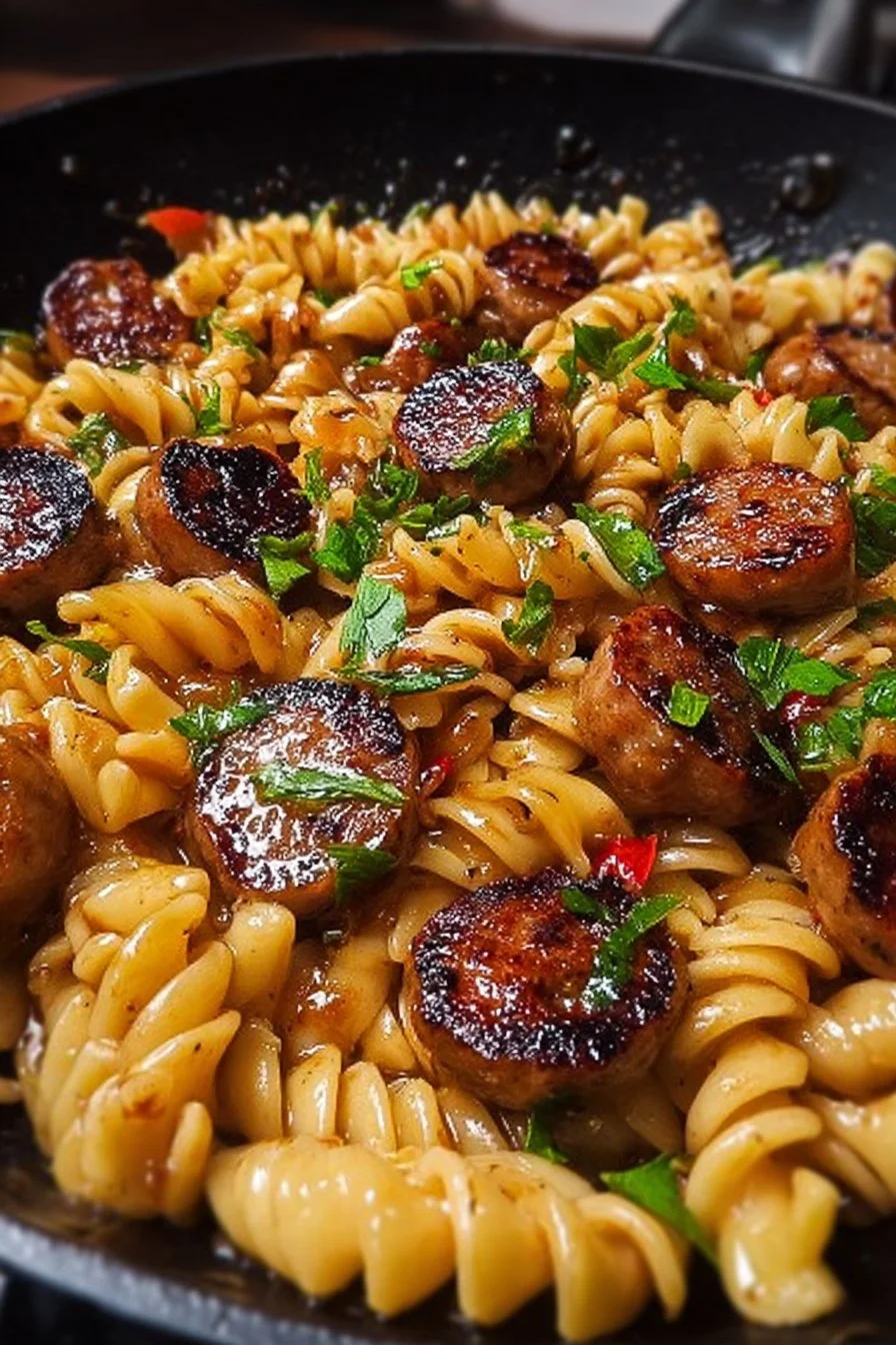 Sticky Honey Garlic Sausage Pasta Skillet: A Flavorful One-Pan Wonder 2 Sticky Honey Garlic Sausage Pasta Skillet in a pan, showcasing vibrant colors and ingredients.