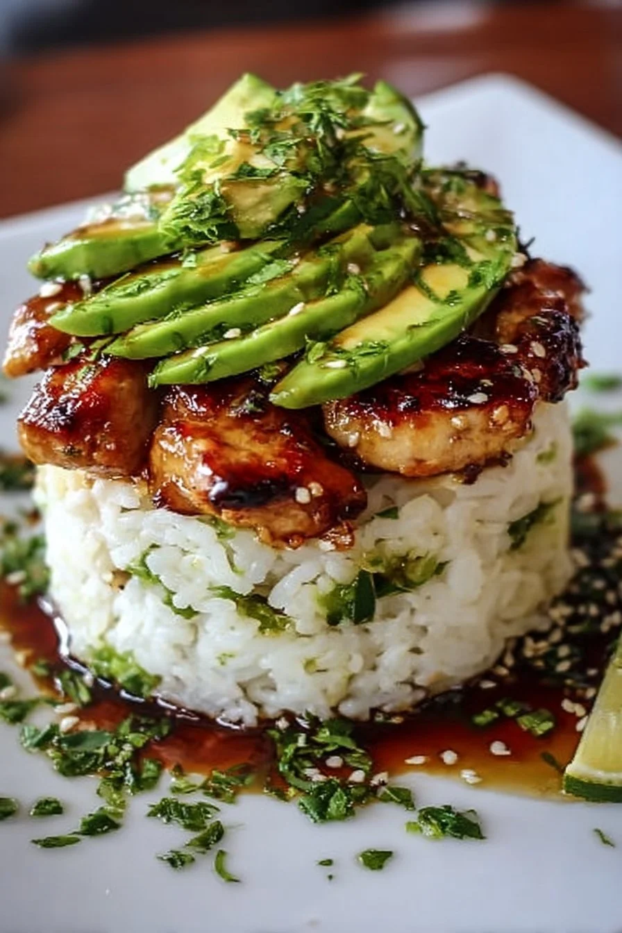 Honey Lime Chicken served with avocado rice stack on a plate.