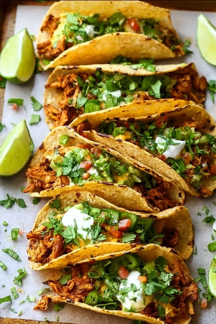 Crispy chicken tacos on a sheet pan ready to be served.