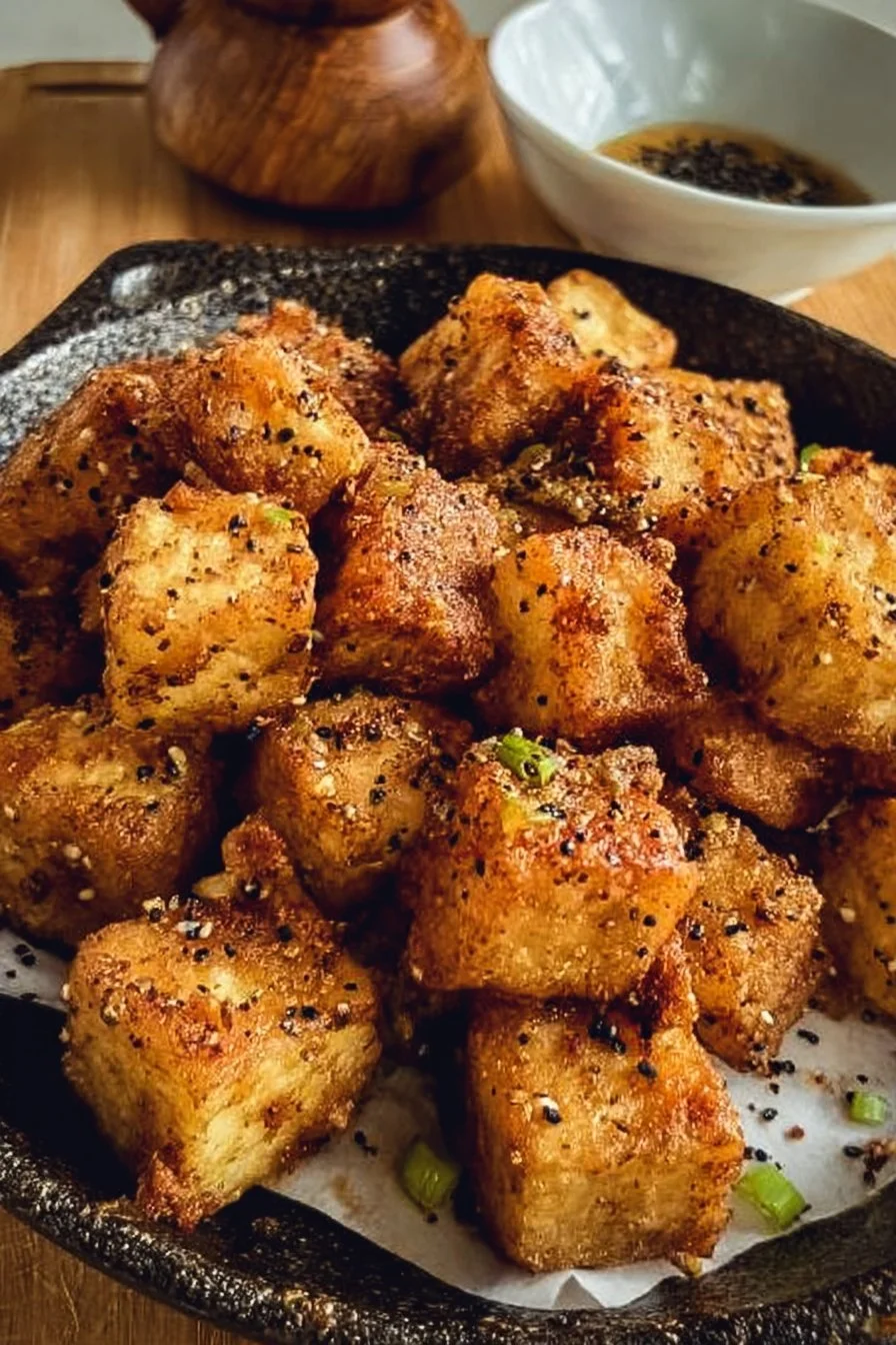 Delicious crispy pan fried tofu served with vegetables